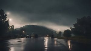 Road in the fog at night. Motion blur. Abstract background.